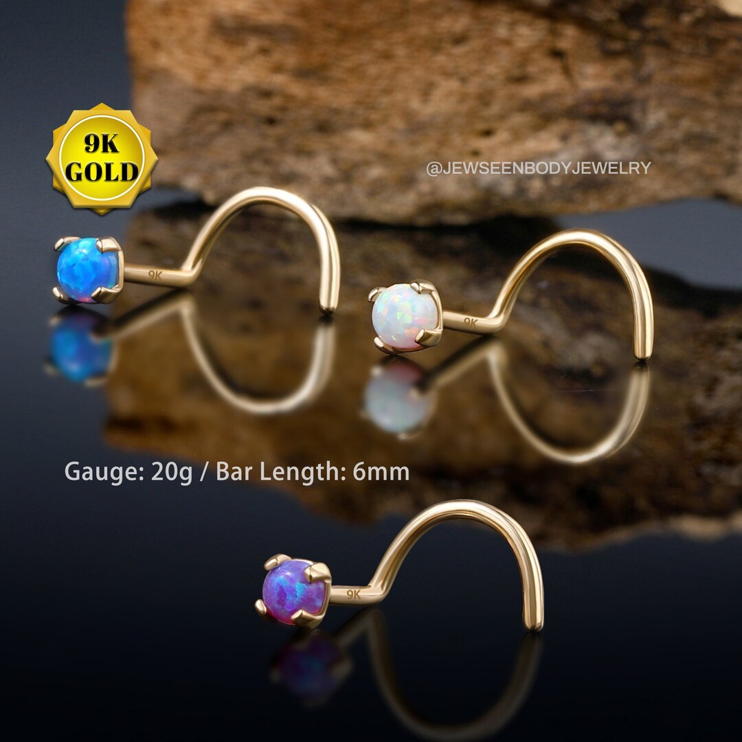 14 Karat Gold Opal Prong Set Nose Screw Ring-White - BM25.com