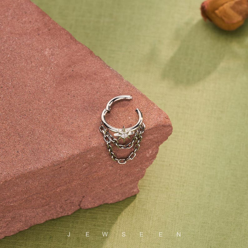 May include: Silver nose ring featuring a star-shaped centre and hanging chains. The jewellery is presented on a red-brown surface against a green backdrop. The word "JEWSEEN" is printed at the bottom of the image.