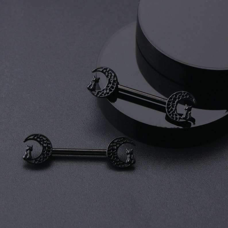 2PCS 14G Black Cat Moon Nipple Piercing/Nipple Barbell/Nipple Ring/Nipple Jewelry/Nipple Bar/Gift For Him/ Gift For Her/Halloween Jewelry image 5