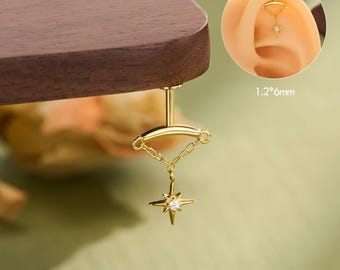 14k Gold Vertical Helix stud, 925 Sterling Silver Dainty Octagram North Star Dangle Internally Threaded Vertical Helix Cartilage Stud