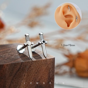 16G Sword Cartilage Earring/Internally Threaded Earrings/sword Flat Back Earrings/Helix Jewelry/Conch/Tragus/Medusa Stud/helix earring