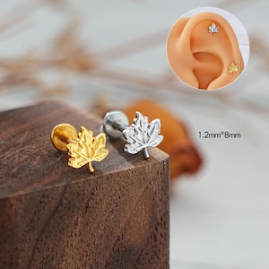 16G Maple leaf Cartilage Stud/Internally Threaded Earrings/Heart Flat Back Earrings/Helix Jewelry/Conch/Tragus/Medusa Stud