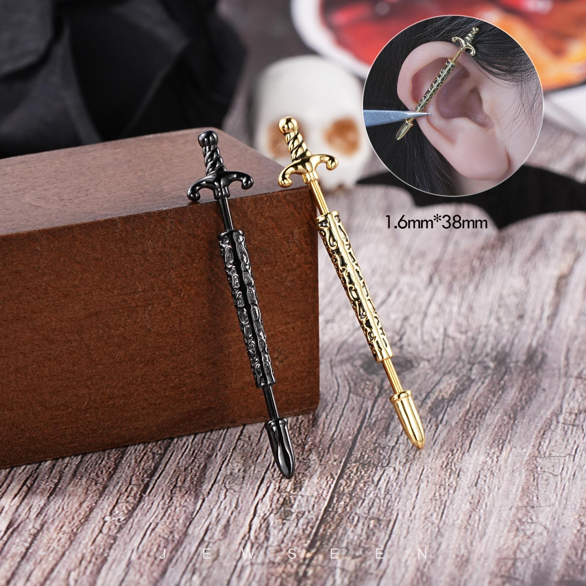 14G Gold&Black Sword Industrie Barbell/Industrieller Ring/Gefädelte Industrie Ohrringe/Industrielles Piercing/Industrielle Bar/Industrieller Schmuck