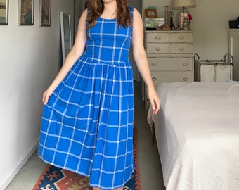 80s Kathryn Conover blue and white plaid, drop-waist, sleeveless fit and flare midi dress