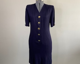 80s Katie navy blue button front, short sleeve dress with oversize brass buttons, size 4