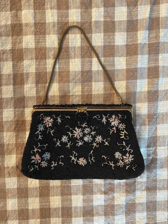 1950s beaded black evening purse handmade in Franc