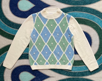 80s Alfred Dunner blue, green, and white argyle, mock-neck knit sweater, size S