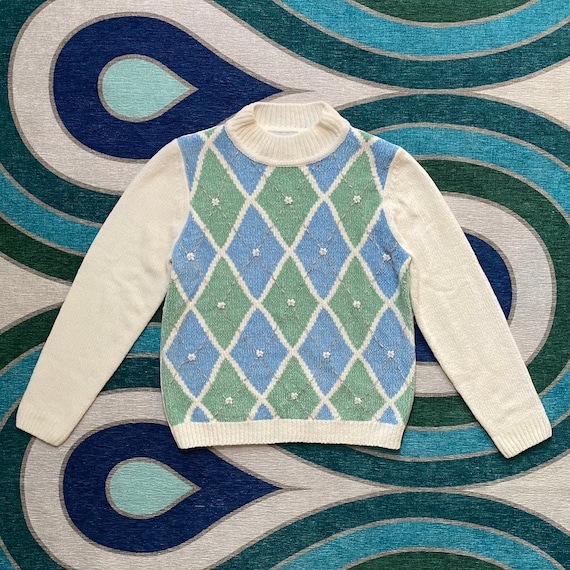 80s Alfred Dunner Blue, Green, and White Argyle, Mock-neck Knit