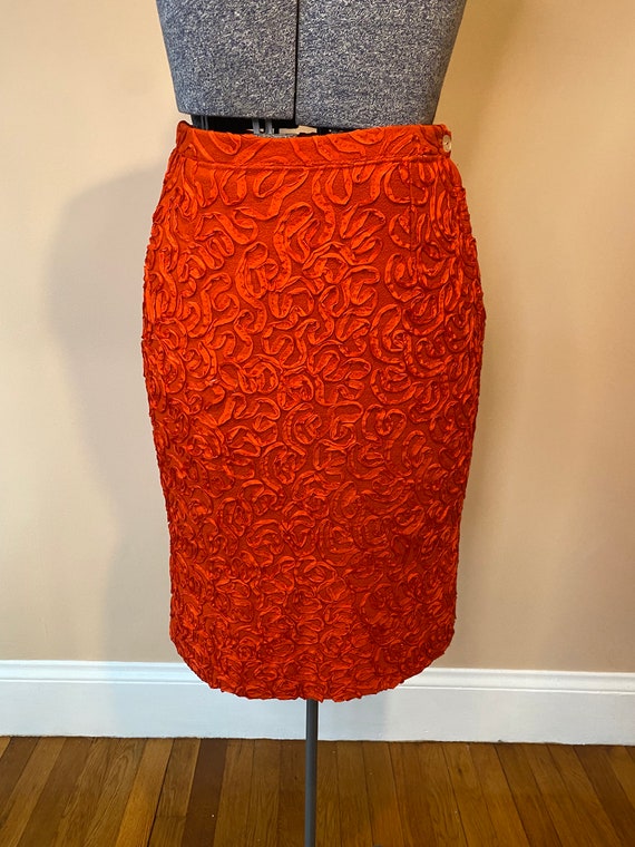 1960s orange ribbon detail pencil skirt - image 1