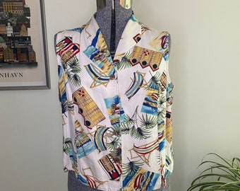 90s Jamaica Bay tropical beach print sleeveless button down vacation shirt / size XL