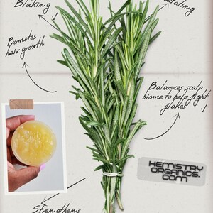 May include: A bundle of fresh rosemary tied with twine, with a small inset image of a yellow soap. Handwritten text highlights benefits: DHT blocking, promotes hair growth, scalp stimulating, balances scalp biome, strengthens strands. The text "KEMISTRY ORGANICS. COM" is also visible.