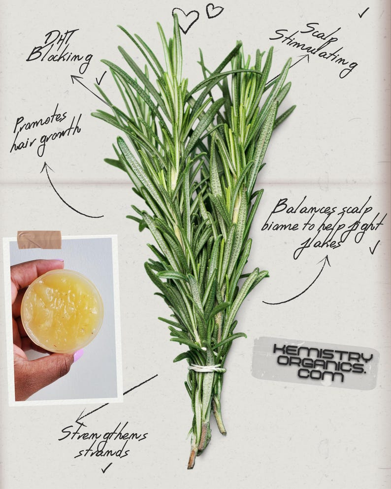 May include: A bundle of fresh rosemary tied with twine, with a small inset image of a yellow soap. Handwritten text highlights benefits: DHT blocking, promotes hair growth, scalp stimulating, balances scalp biome, strengthens strands. The text "KEMISTRY ORGANICS. COM" is also visible.