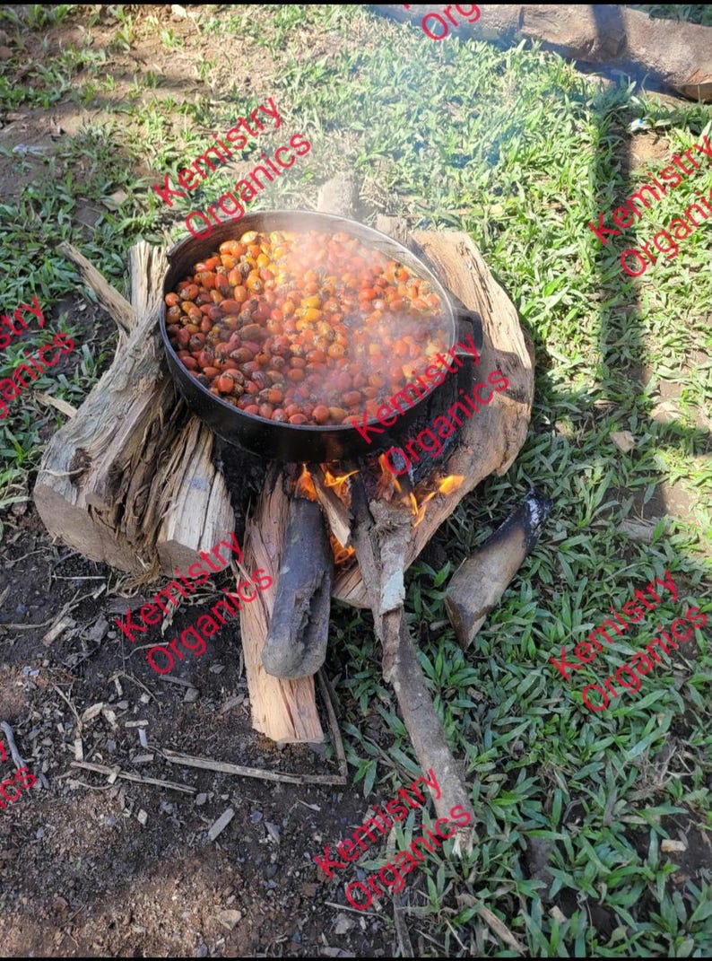 Pode incluir: Uma panela preta cheia de ingredientes laranja-castanhos &eacute; aquecida sobre uma fogueira. A panela est&aacute; sobre uma base de madeira, com chamas vis&iacute;veis por baixo. A cena &eacute; ao ar livre, com relva verde no fundo.