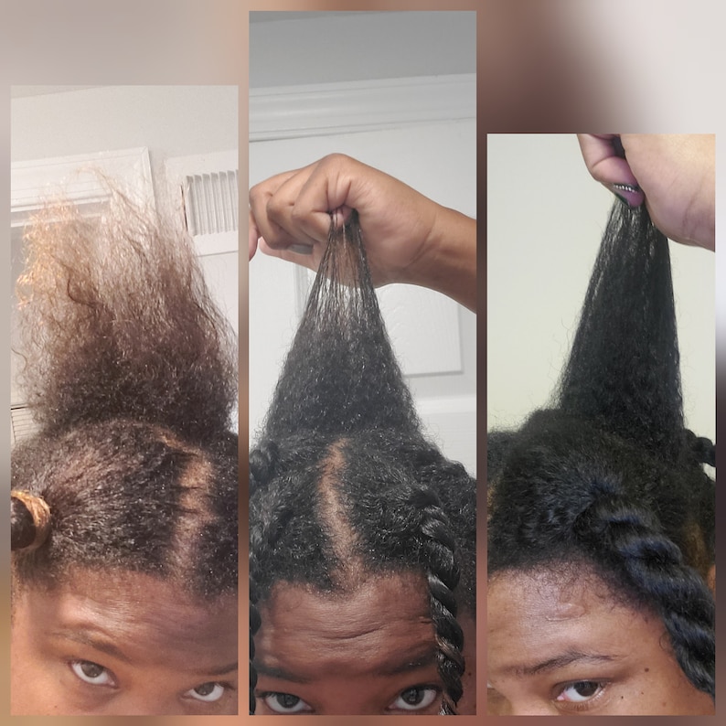 Puede incluir: Tres im&aacute;genes que muestran el cabello de la misma persona en diferentes estados. La primera imagen muestra el cabello seco y encrespado. La segunda imagen muestra el cabello mojado y estirado. La tercera imagen muestra el cabello seco y estirado.