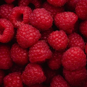 Puede incluir: Primer plano de un mont&oacute;n de frambuesas frescas y maduras. Las bayas son de un color rojo vibrante, con una superficie texturizada y un aspecto ligeramente borroso. La imagen est&aacute; encuadrada de cerca, llenando el marco con la fruta.