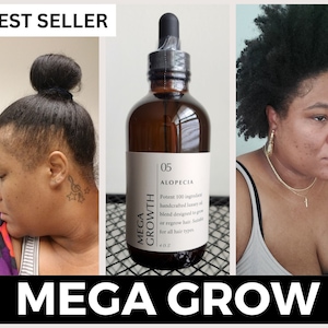 Peut inclure: Une bouteille en verre brun avec un compte-gouttes &eacute;tiquet&eacute; "05 Alopecia Mega Growth" et le texte "Potent 100 ingredient handcrafted luxury oil blend designed to grow or regrow hair. Suitable for all hair types 4 oz".
