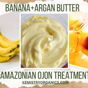 Peut inclure: Un collage de trois images montrant les ingr&eacute;dients d'un traitement capillaire. La premi&egrave;re image montre une grappe de bananes jaunes. La deuxi&egrave;me image montre du beurre d'argan blanc et cr&eacute;meux. La troisi&egrave;me image montre un fruit de palmier rouge dans un bol d'huile de palme jaune.