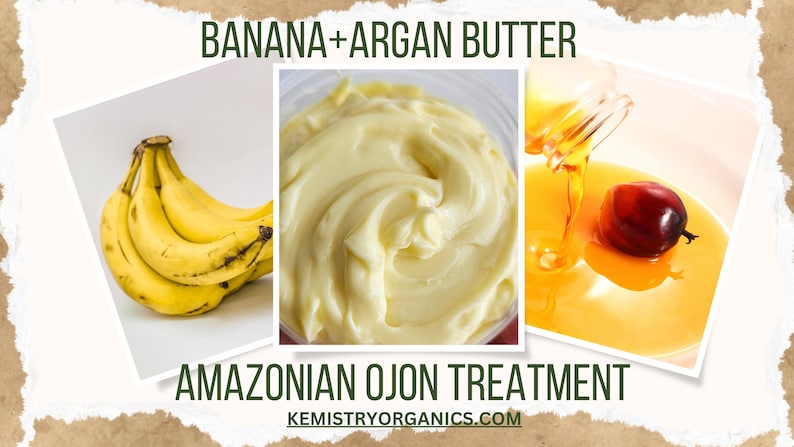 Peut inclure: Un collage de trois images montrant les ingr&eacute;dients d'un traitement capillaire. La premi&egrave;re image montre une grappe de bananes jaunes. La deuxi&egrave;me image montre du beurre d'argan blanc et cr&eacute;meux. La troisi&egrave;me image montre un fruit de palmier rouge dans un bol d'huile de palme jaune.