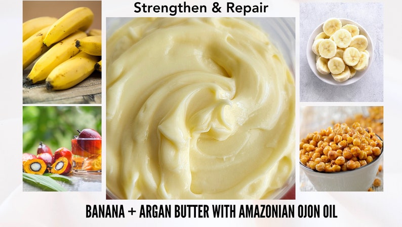 Peut inclure: Un collage d'images montrant les ingr&eacute;dients d'un masque capillaire. Les ingr&eacute;dients comprennent la banane, le beurre d'argan et un type d'huile. Le texte "Renforcer et r&eacute;parer" est en haut de l'image. Le texte "BANANA + ARGAN BUTTER WITH AMAZONIAN OJON OIL" est en bas de l'image.