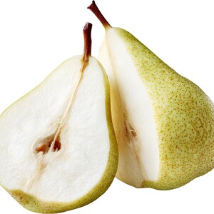 May include: Two halves of a ripe pear, cut to reveal the inner flesh and seeds. The pears have a light green skin with small brown speckles. The stems are a dark brown color. The background is plain white.