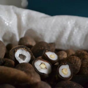 Pode incluir: Um close-up de nozes marrons, algumas cortadas para revelar um interior branco e um pequeno n&uacute;cleo amarelo. As nozes est&atilde;o em frente a um saco branco amassado. A imagem foca na textura e cor das nozes.