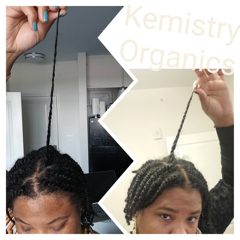 Peut inclure: Deux images d'une personne avec de longs cheveux noirs et serr&eacute;s. La personne tient une seule torsade de cheveux en l'air. Le texte "Kemistry Organics" est visible dans le coin sup&eacute;rieur droit de l'image.