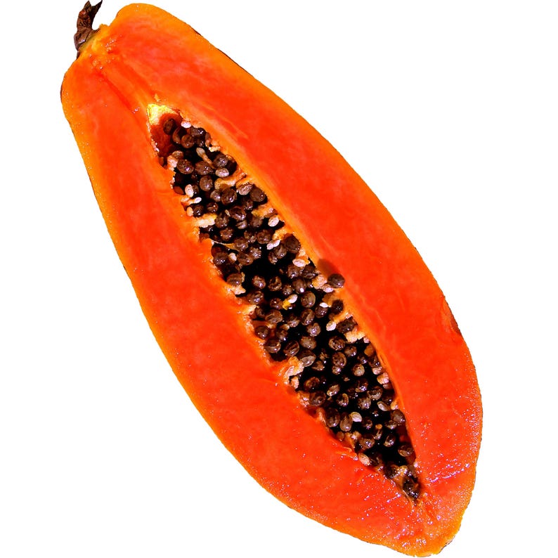 May include: A halved papaya fruit, showcasing vibrant orange flesh and a central cavity filled with numerous black seeds. The fruit's skin is a mix of green and orange, with a white background.