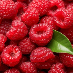 Puede incluir: Primer plano de un mont&oacute;n de frambuesas frescas y maduras. Las bayas son de un color rojo vibrante, con una superficie texturizada y una forma delicada. Una sola hoja verde es visible entre las bayas, a&ntilde;adiendo un toque de contraste.