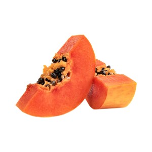 May include: Two slices of ripe papaya fruit, showcasing vibrant orange flesh and black seeds. The papaya slices are cut to reveal the interior texture and are set against a clean white background, highlighting the fruit's natural colors.