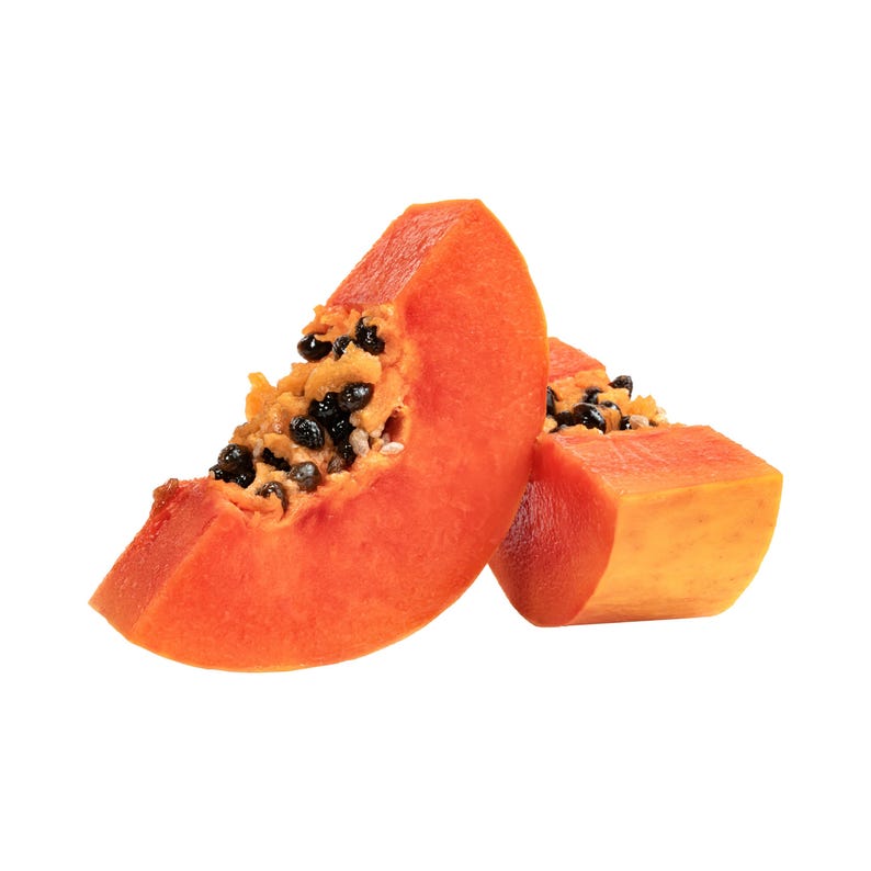 May include: Two slices of ripe papaya fruit, showcasing vibrant orange flesh and black seeds. The papaya slices are cut to reveal the interior texture and are set against a clean white background, highlighting the fruit's natural colors.