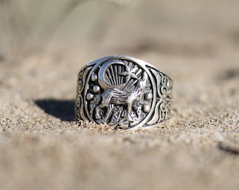 Wolfsring. Mondring. Frauenring. Männerring. Piratenring. Ring aus 925er Silber. Biker-Ring. Männerring. Lykanthrop-Ring.
