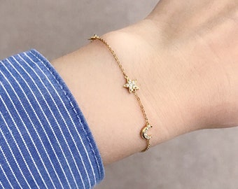 Dainty Diamond Bracelet Girls,18K Solid Gold Bracelets,Thin Cable Chain Bracelet Star Moon,Adjustable Women Bracelets,Gift to Lady,Daughter