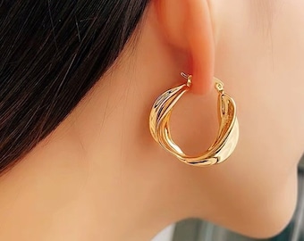 18K Solid Yellow Gold Wrinkle Hoop Earrings, Hollow Hoops, Fashion Earlobe Earrings, Daily Wear Fashion Women Earring, Earring Gift to her