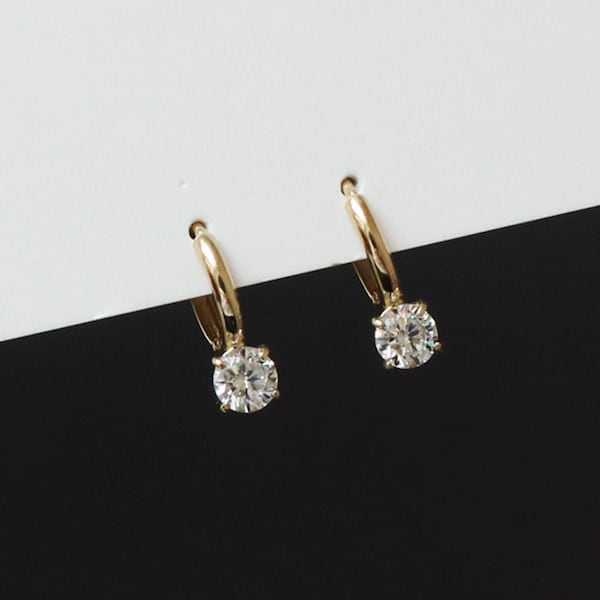 14K Real Gold CZ Dangle Earring,Solitaire Cubic Zircon Hoop Earring,CZ hoop Drop Earring,Dainty Earrings Gift for Girl,Minimalist Earring