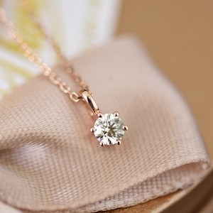 Solitaire Diamond Necklace Rose Gold,0.2ct SI Real Diamond Necklace, 6Prongs Diamond Pendant,18kt Solid Gold Women Wedding Necklace Dainty