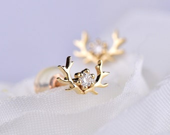 Natural Diamond Small earrings Studs Women,Real SI Diamond Minimalist earrings Deer Head,Animal Lovely Earrings, Daily Jewelry Gift to Girls