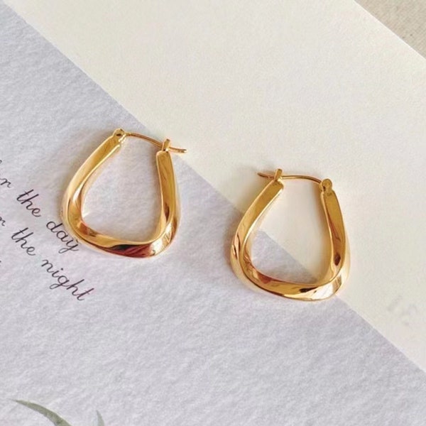 18K Real Gold Trapezoid Dangle Earrings, Hoop Pierce Earrings, Solid Gold Drop Hollow Earring, Minimalist Geometric  Earring Gift to her