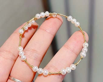 18K Real Gold Open Pearl Bracelet, Stack Pearl Bead Bracelet, Full size Elastic Bracelet . Girls Fancy Charm Bracelet, Birthday Gift to her