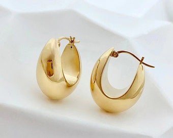18K Real Gold Chunky Teardrop Huggie Earrings, 2023 New Trendy Women Dainty Hoop earrings, Daily Fashion Earring Birthday Gift for Girls