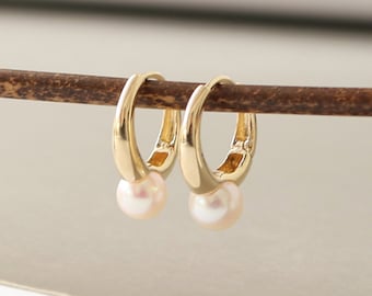 10K Hoops Pearl Earrings Women, Freshwater Pearl Drop Earring, Real Gold Dainty Earring , Solitaire Pearl Earring ,Birthday Gift to girls