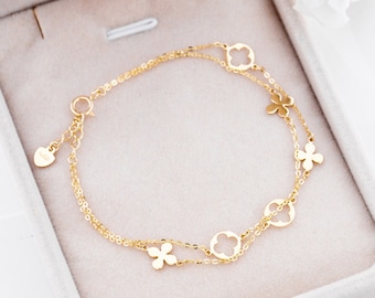 Double Layer Bracelet Gold for Women, Charm Bracelets,14K Real Gold Flower Bracelet, Minimalist, Birthday Delicate Jewelry Gift to her