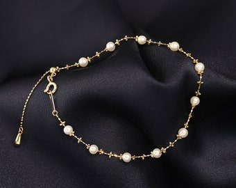18K Solid Gold Pearl Bracelet, AU750 Women Bracelet, Adjustable Charm Flower Bracelet, Pretty Girls Wrist Jewelry 2023, Birthday Gift to her