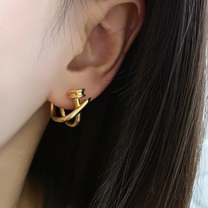 18K Real Gold Line Cross Huggie Earrings, Fashion Nail Earrings, Geometric Line Knot Studs, Unique Piercing Earlobe Earrings, Earrings Gift