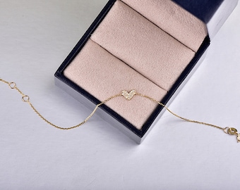 Dainty Diamond Heart Bracelet,18K Solid Gold Bracelets,0.039ct Diamond Thin Cable Bracelet, Adjustable Women Bracelets, Minimalist Love Gift