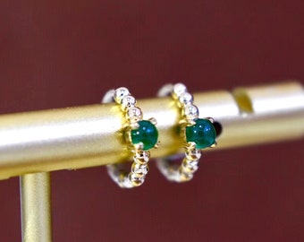 Emerald Hoop Earring Gold,Solid 18K Huggie Earring,Geometric Circle Earring,Natural Gemstone Earring,Green Emerald Women Earring Gift to her