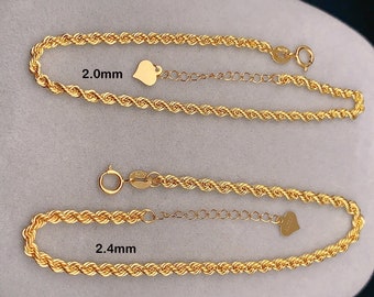 18k Real Gold Rope Chain Bracelet, 2.0mm 2.4mm Rope Bracelet Adjustable, Minimalist Women Bracelet with extender, Daily Wear Bracelet Gift