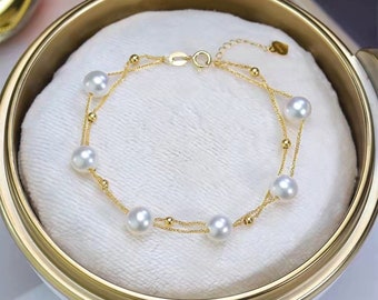 18K Gold Double Layer Pearl Bracelet, 2 Wraps Dainty Charm Adjustable Bracelets, Daily Wear Girls Bracelet, Fine Jewelry Gift to her
