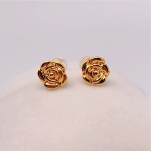 18K Real Gold Small Rose Flower Earrings Studs, Daily Dainty earrings Studs for Women, Piercing Earlobe Studs, Birthday Jewelry Gift to her