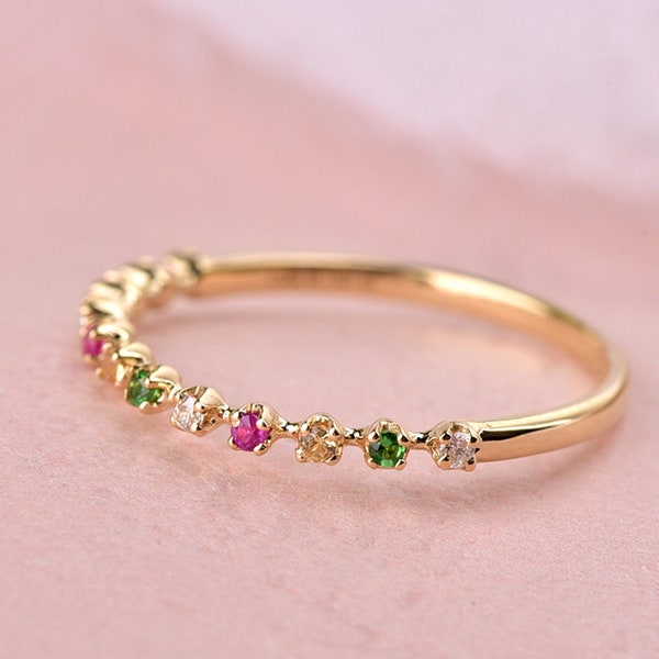 18K Colorful Gemstone Stack Ring, Natural Diamond Daily Ring, Solid Gold Dainty Rainbow Rings, Ring for Teenage, Kids Ring, Birthday Gift