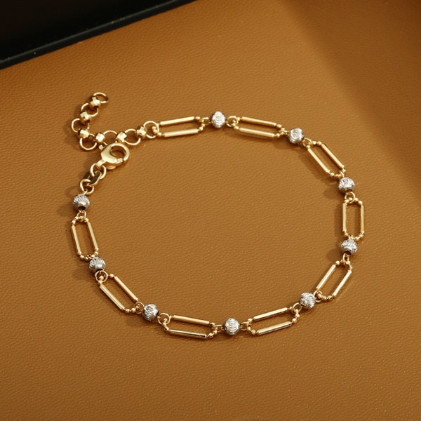 18k Real Gold Paperclip Two-Tones Bracelet,3.7mm Paperclip Link Bracelets , Women Trendy Fancy Bracelet, Daily Wear Bracelet Gift to her